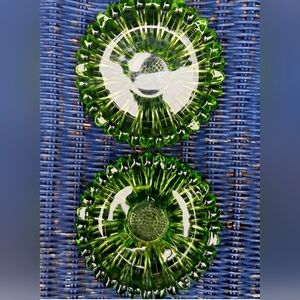 2 Hazel Atlas Green Glass Ashtray Trinket Candle Holders